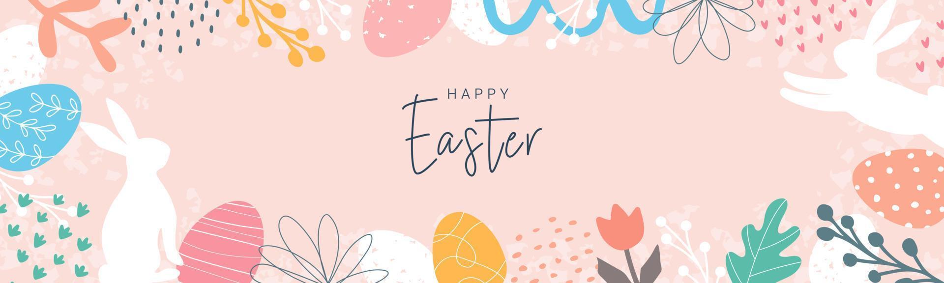 Happy Easter. Horizontal banner, greeting card, poster, holiday cover. Modern abstract design with typography, doodles, eggs and bunny, organic nature shapes. Trendy minimalist style. vector