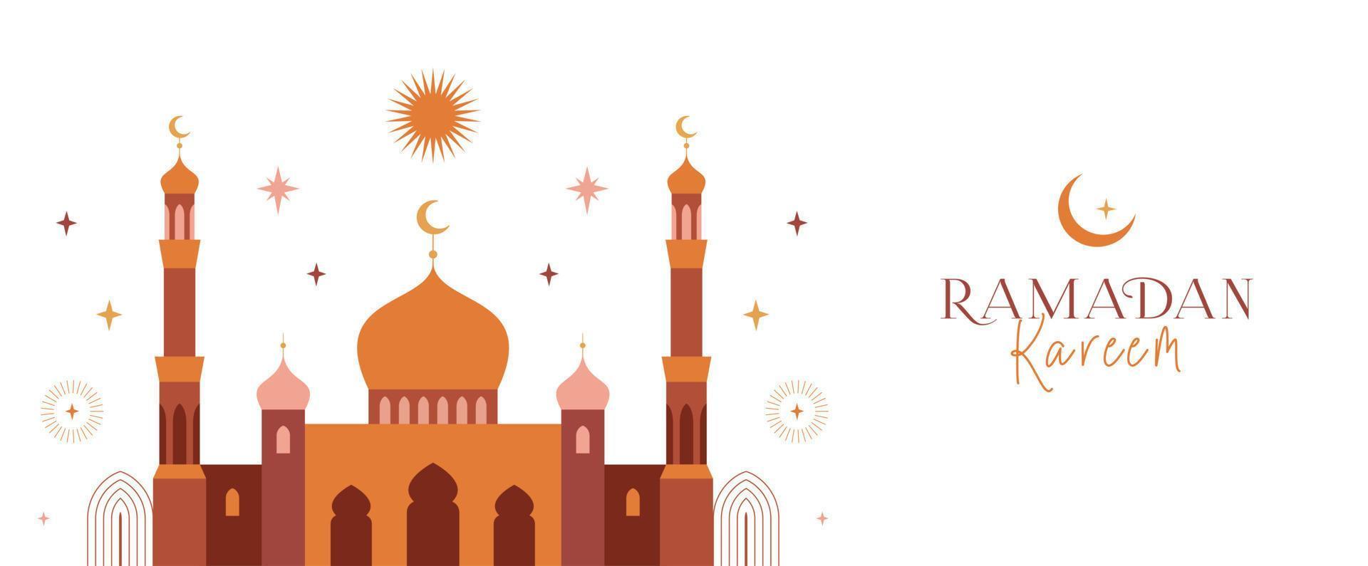 Ramadan Kareem banner, card, poster design. Modern geometric minimalist design with mosque, crescent, stars in the sky, arches windows. Vector illustration.