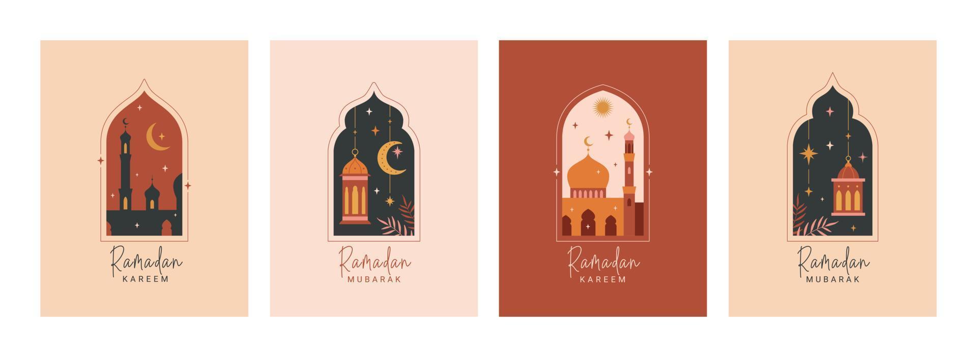 Ramadán kareem tarjeta, póster, fiesta cubrir colocar. conjunto de islámico saludo tarjetas en moderno hermosa diseño, bandera modelo. colección de oriental estilo islámico ventanas, arcos, luna, mezquita, linternas vector