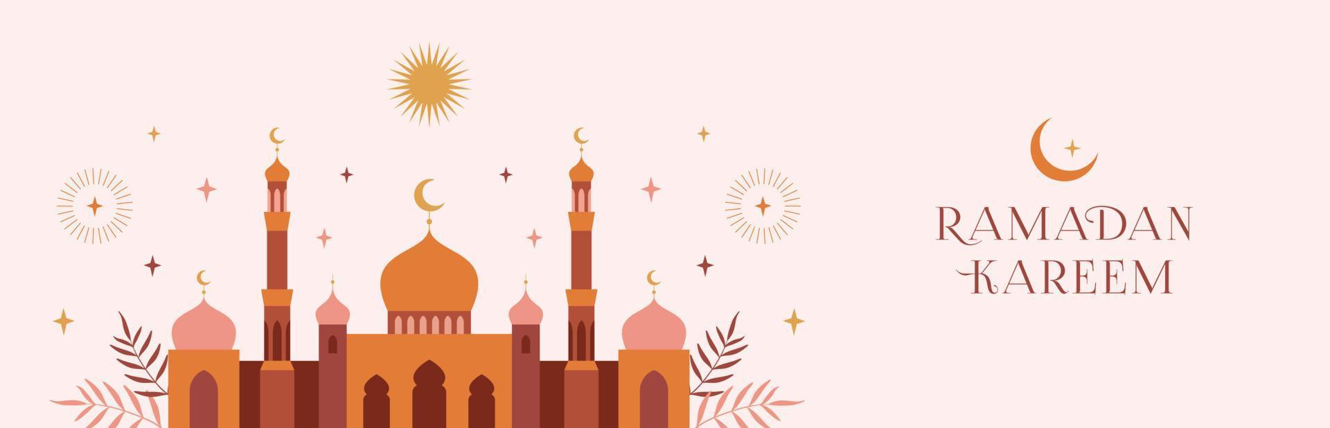 Ramadan Kareem banner, card, poster design. Modern geometric minimalist design with mosque, crescent, stars in the sky, arches windows. Vector illustration.