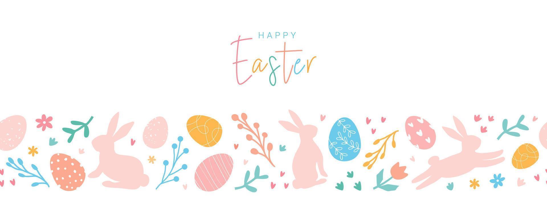 Happy Easter. Lovely Easter horizontal banner with pattern by eggs, doodles, bunnies, flowers. Easter festive border. Suitable for textiles, greeting cards, wallpaper, wrapping paper. vector