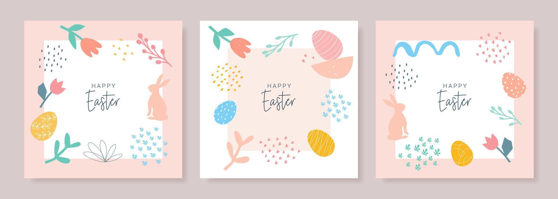 Happy Easter. Set of banners, greeting cards, posters, holiday covers. Modern abstract design with typography, doodles, eggs and bunny, organic nature shapes. Trendy minimalist style. vector