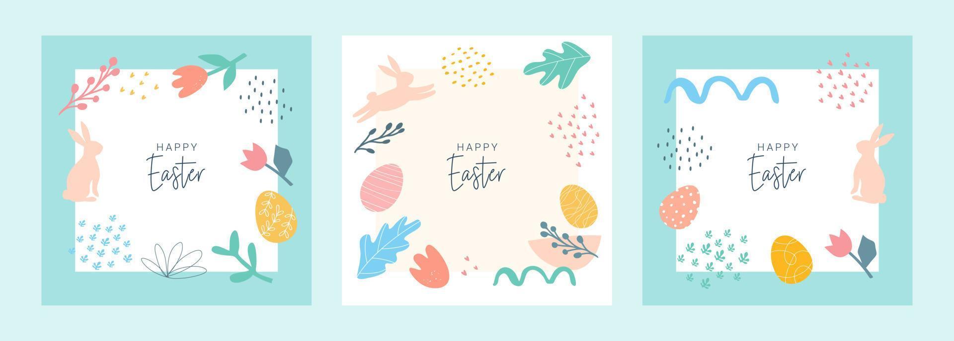 Happy Easter. Set of banners, greeting cards, posters, holiday covers. Modern abstract design with typography, doodles, eggs and bunny, organic nature shapes. Trendy minimalist style. vector
