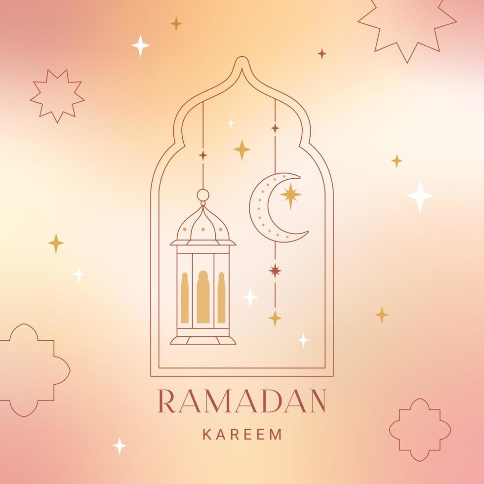 Ramadan Kareem card, poster, holiday cover. Islamic greeting card, banner template. Modern beautiful design in geometric minimal style. Trendy gradient, linear frames with stars, arches. vector