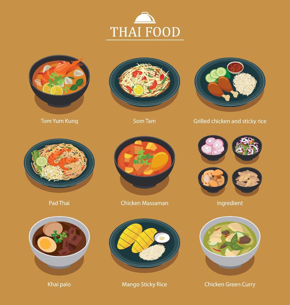 Set of thai food menu. Asia street food illustration background. vector