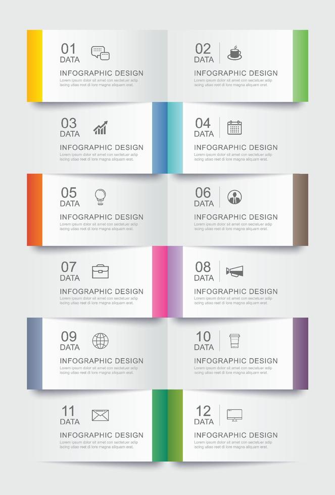 12 data infographics tab paper index template. Vector illustration abstract background.