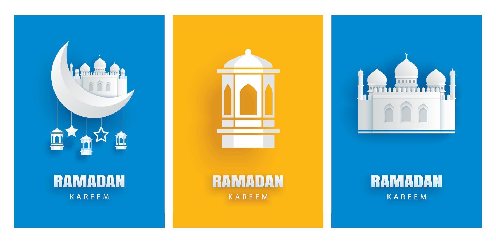 Ramadán kareem saludo tarjeta Luna y estrellas tradicional linternas antecedentes. eid Mubarak papel Arte bandera ilustración diseño. vector