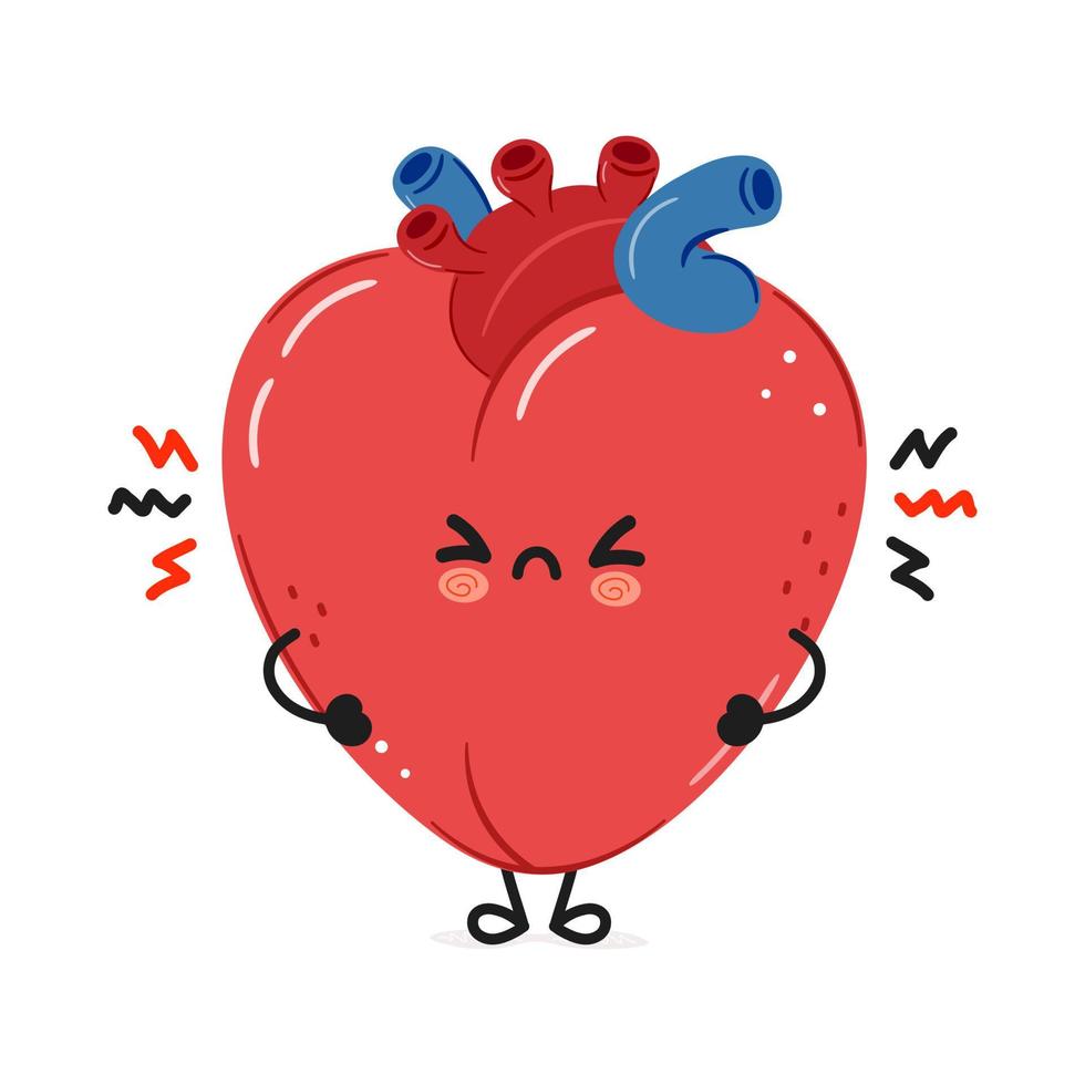 Cute angry heart organ character. Vector hand drawn cartoon kawaii character illustration icon. Isolated on white background. Sad heart organ character concept