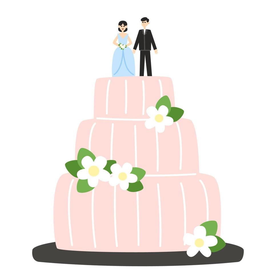 Boda pastel con estatuillas de novia y novio decorado con flores en plano estilo vector