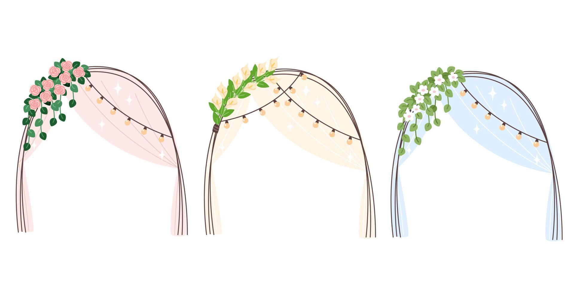 A set of wedding altars for the marriage ceremony, decorated with flowers and garlands in a flat style vector