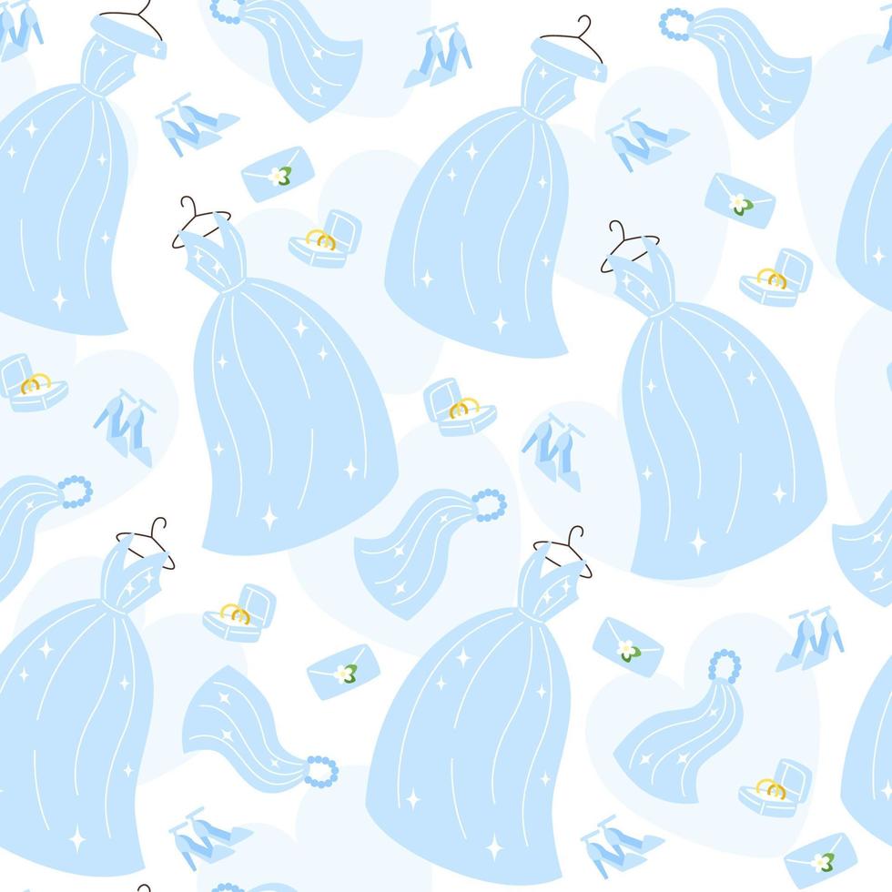 Wedding seamless pattern with blue dresses, rings, bridal veil in flat style vector