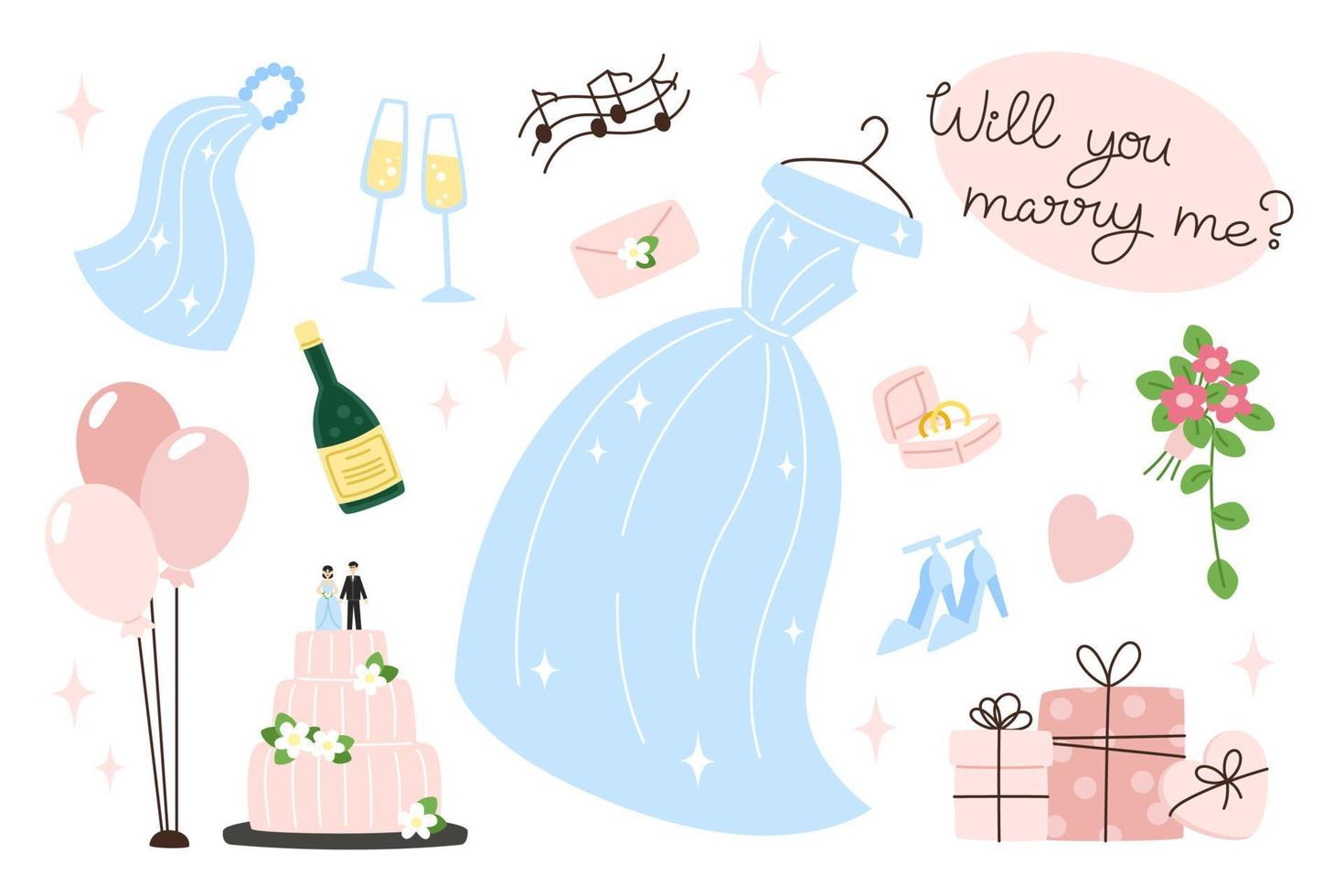 Set of elements for the wedding day, flat style illustration vector