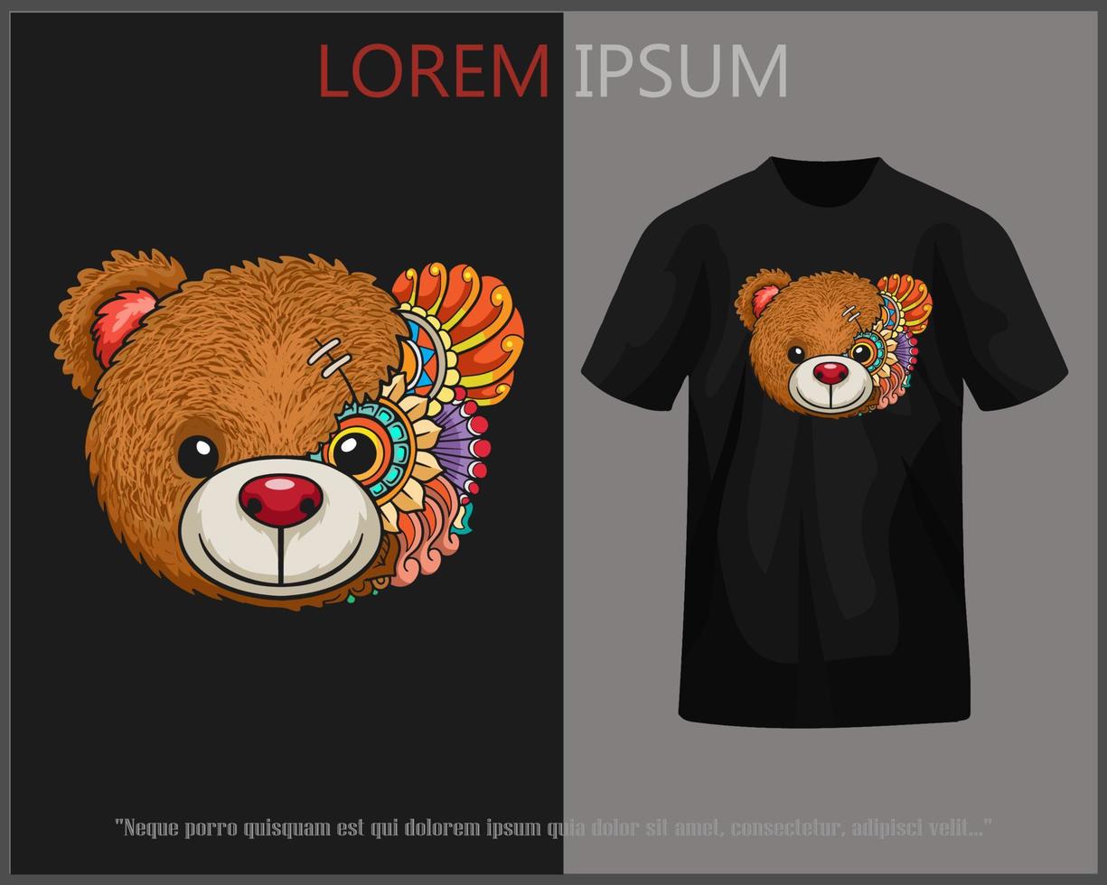 camiseta diseño presentando mandala Arte de osito de peluche oso cabeza completar con Bosquejo. vector