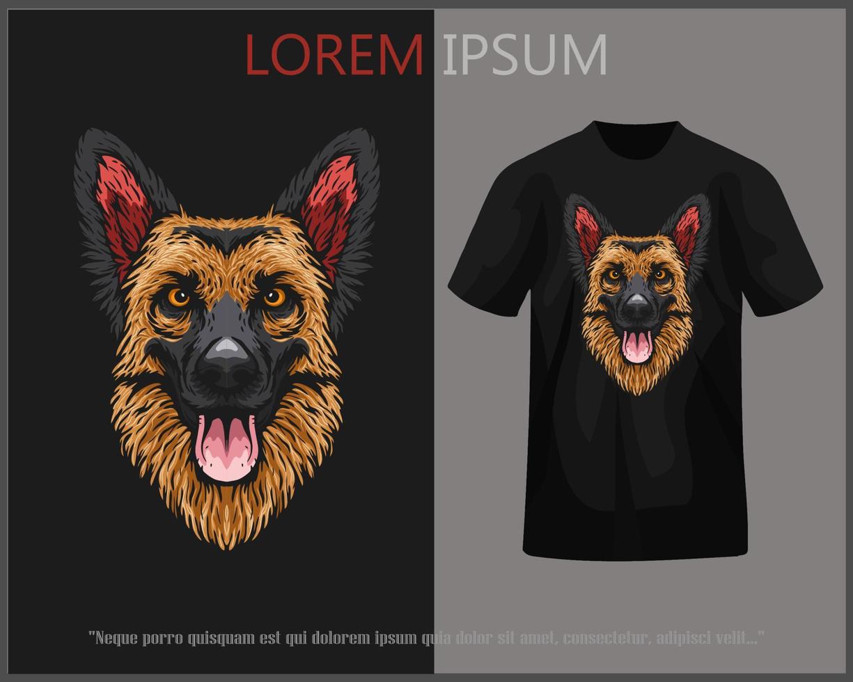 T-shirt design featuring a german shepherd dog head complete with mockup. vector