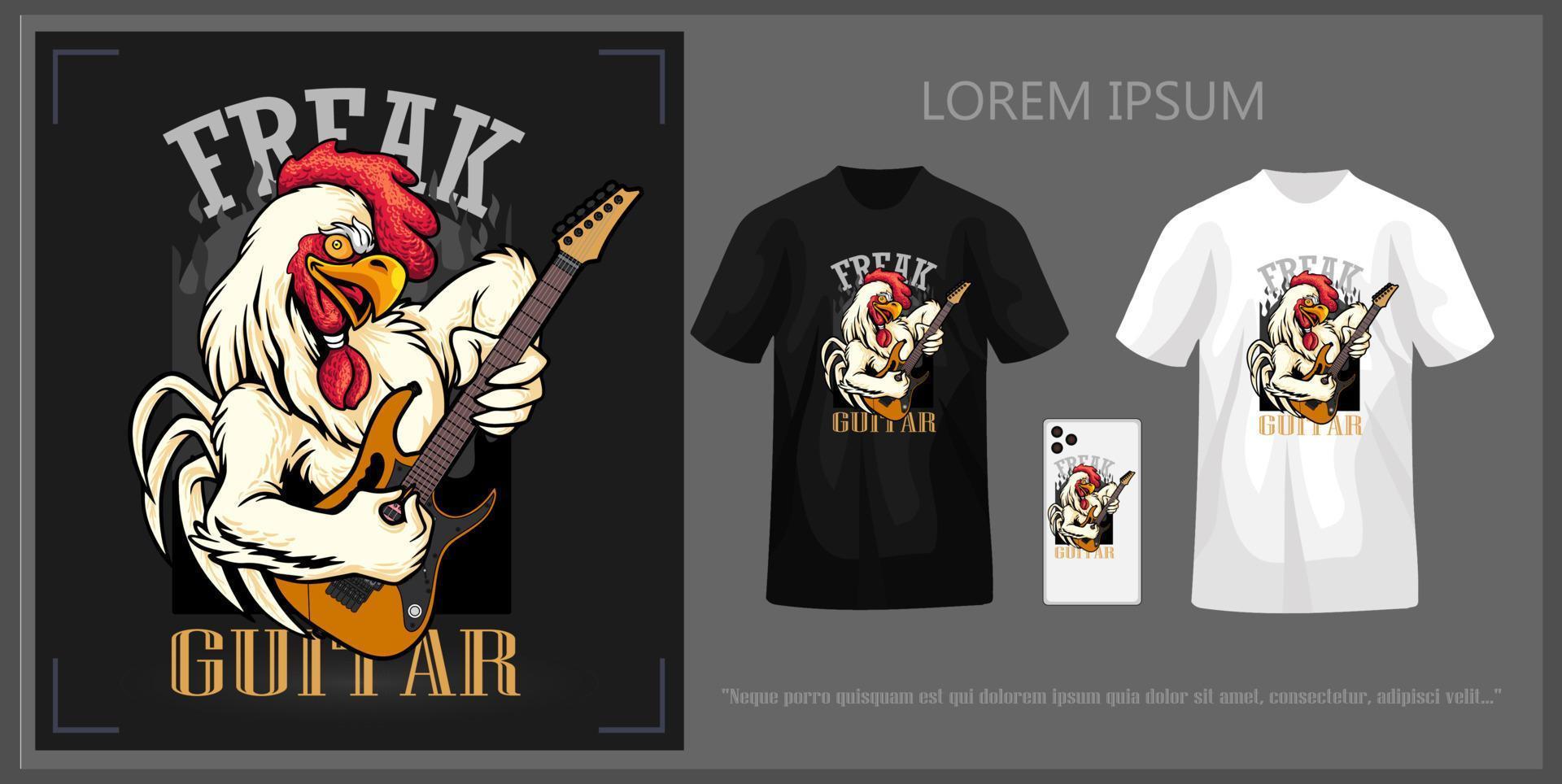 T-shirt design featuring a rooster playing guitar complete with mockup. vector
