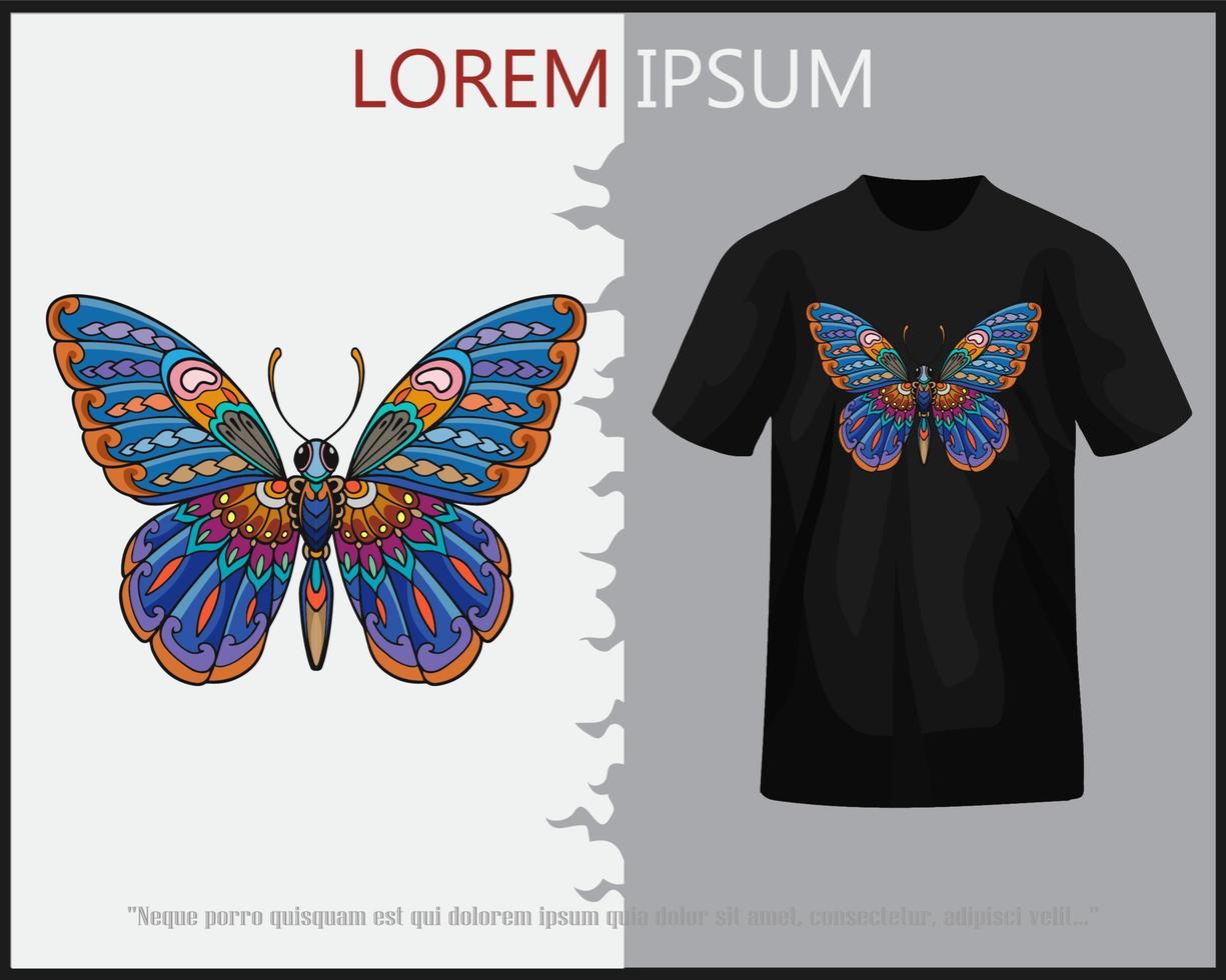 vistoso mariposa mandala letras aislado en negro camiseta. vector