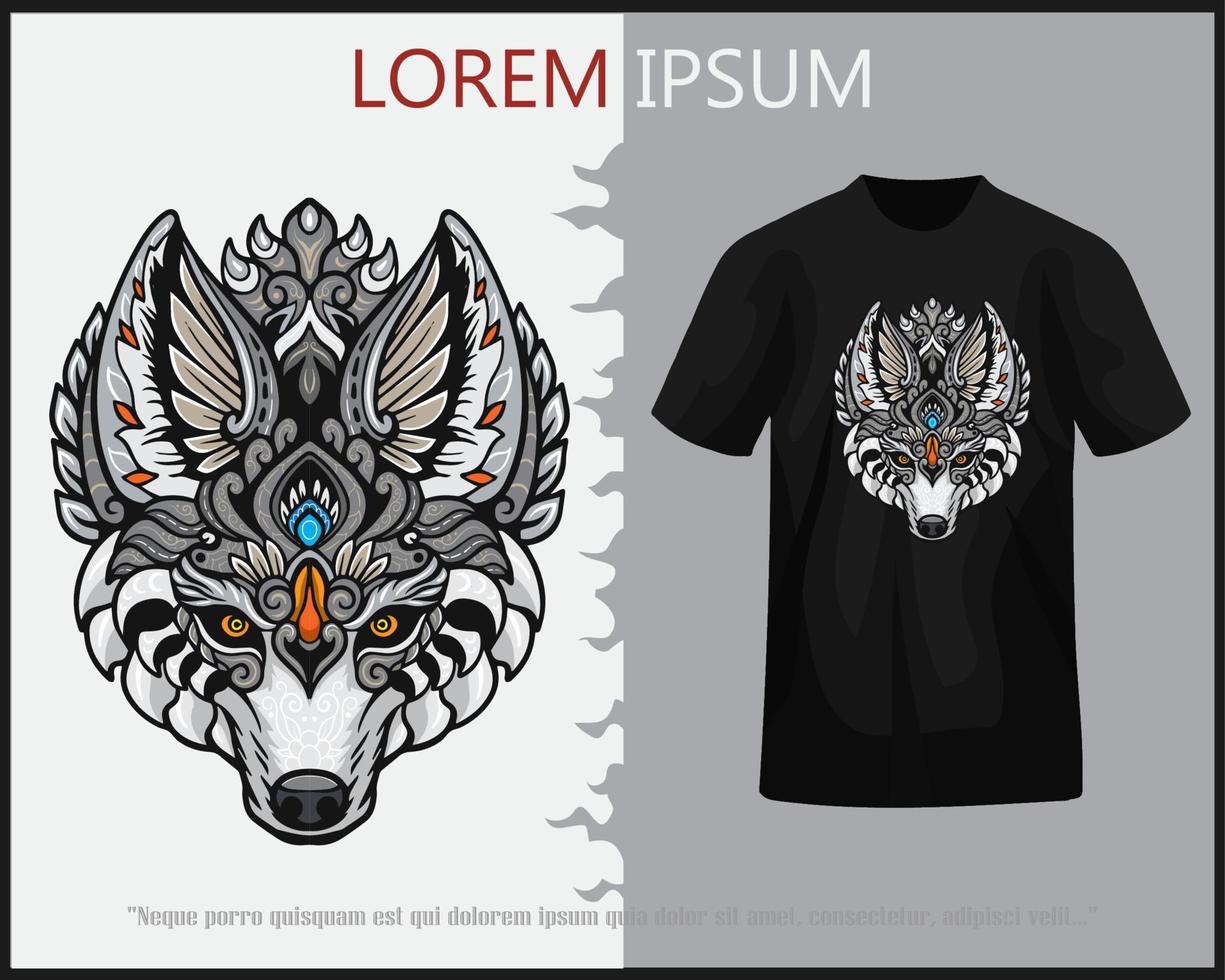 vistoso lobo cabeza mandala letras aislado en negro camiseta. vector