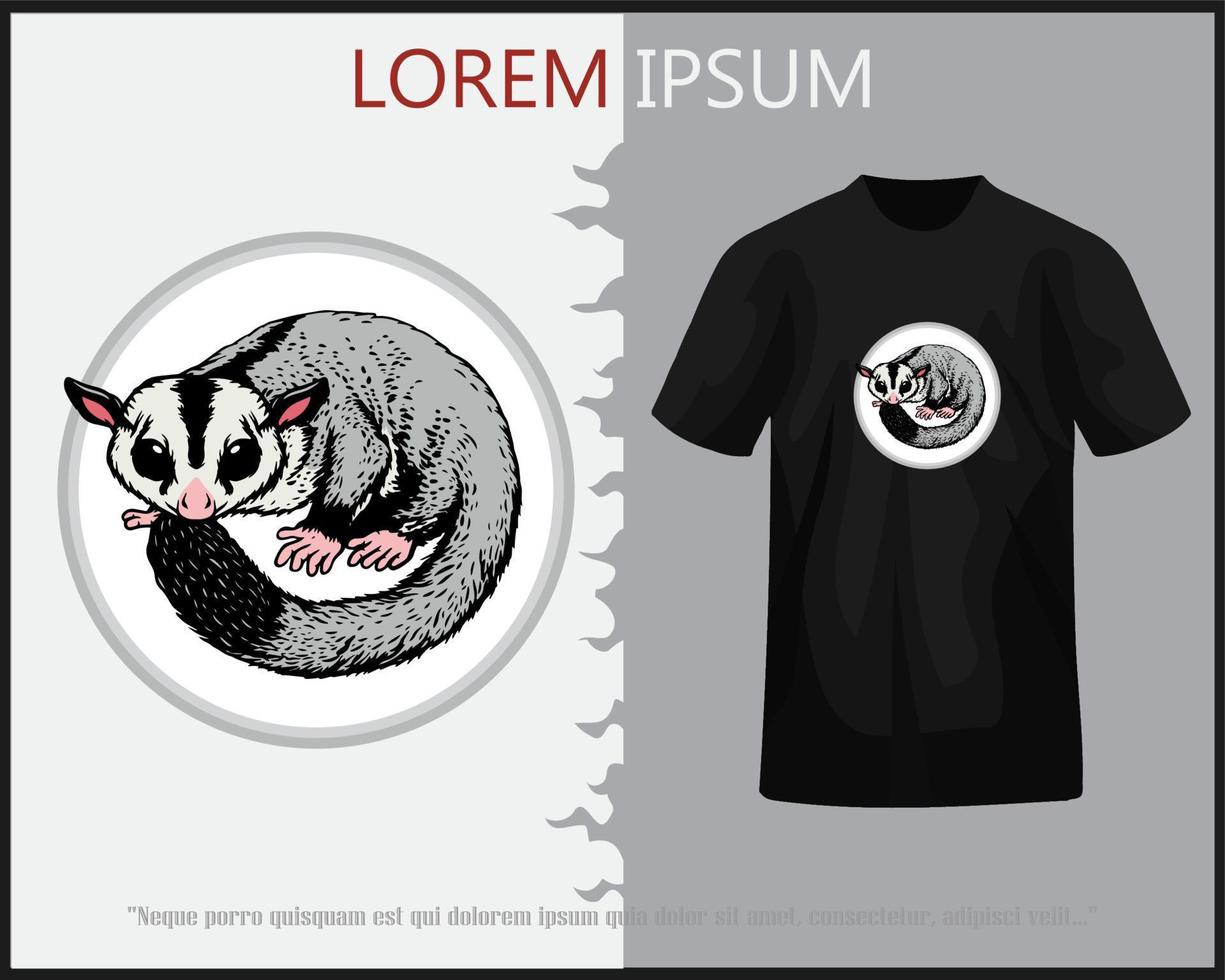 Sugar glider isolated on black t-shirt. vector