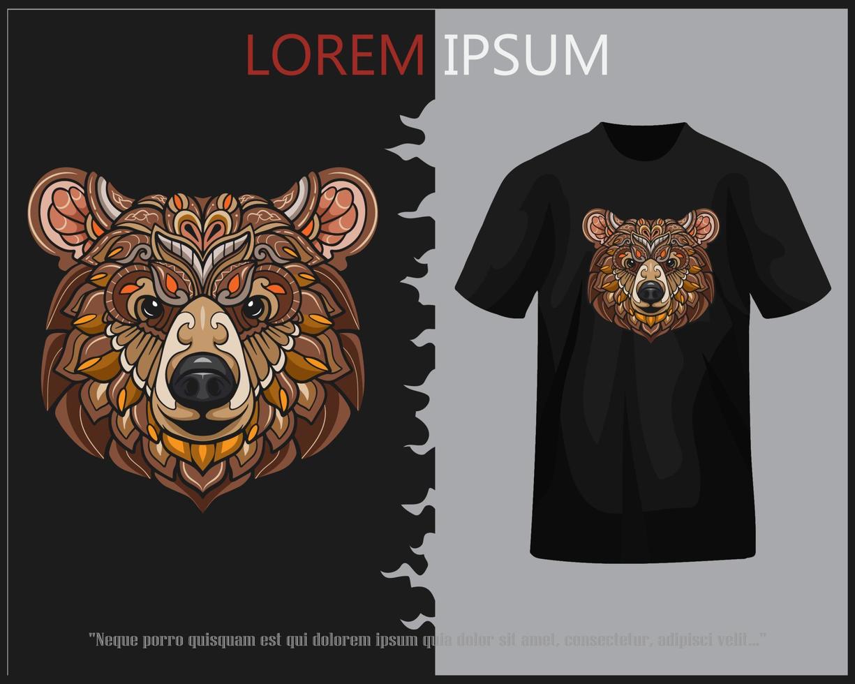 vistoso oso pardo oso cabeza mandala letras aislado en negro camiseta. vector