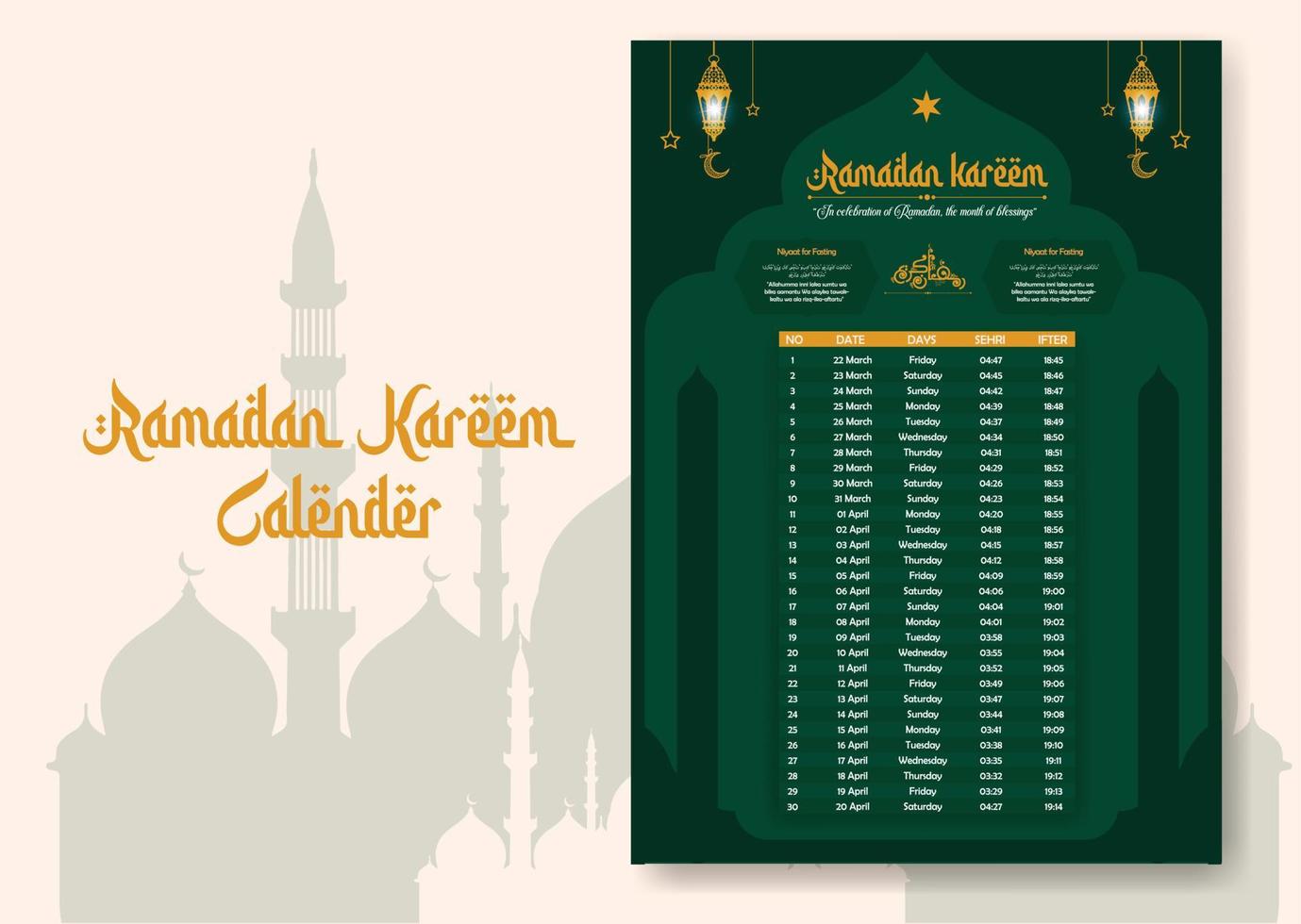 Ramadan time calendar 2023 With Prayer times in Ramadan. Ramadan Schedule - Fasting, Iftar, and Prayer timetable. Islamic background design with mosque and lamp. vector