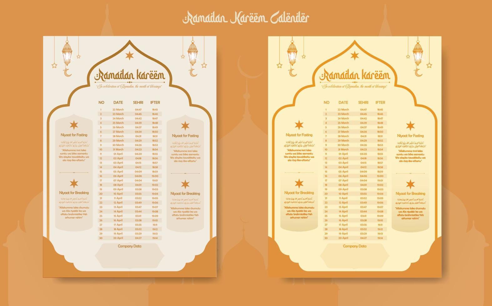 Ramadán hora calendario 2023 con oración veces en Ramadán. Ramadán calendario - ayuno, iftar, y oración calendario. islámico antecedentes diseño con mezquita y lámpara. vector