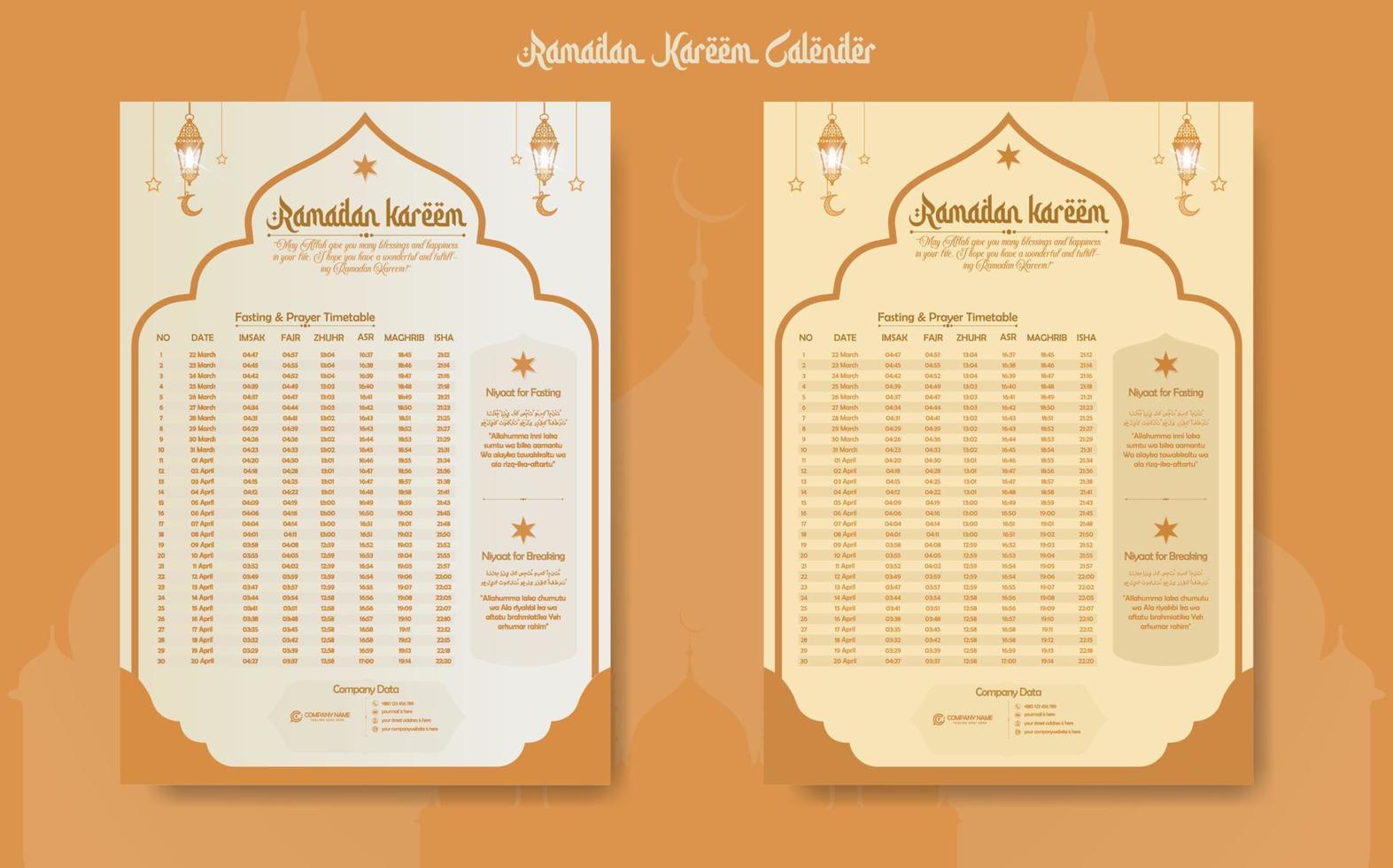Ramadán hora calendario 2023 con oración veces en Ramadán. Ramadán calendario - ayuno, iftar, y oración calendario. islámico antecedentes diseño con mezquita y lámpara. vector