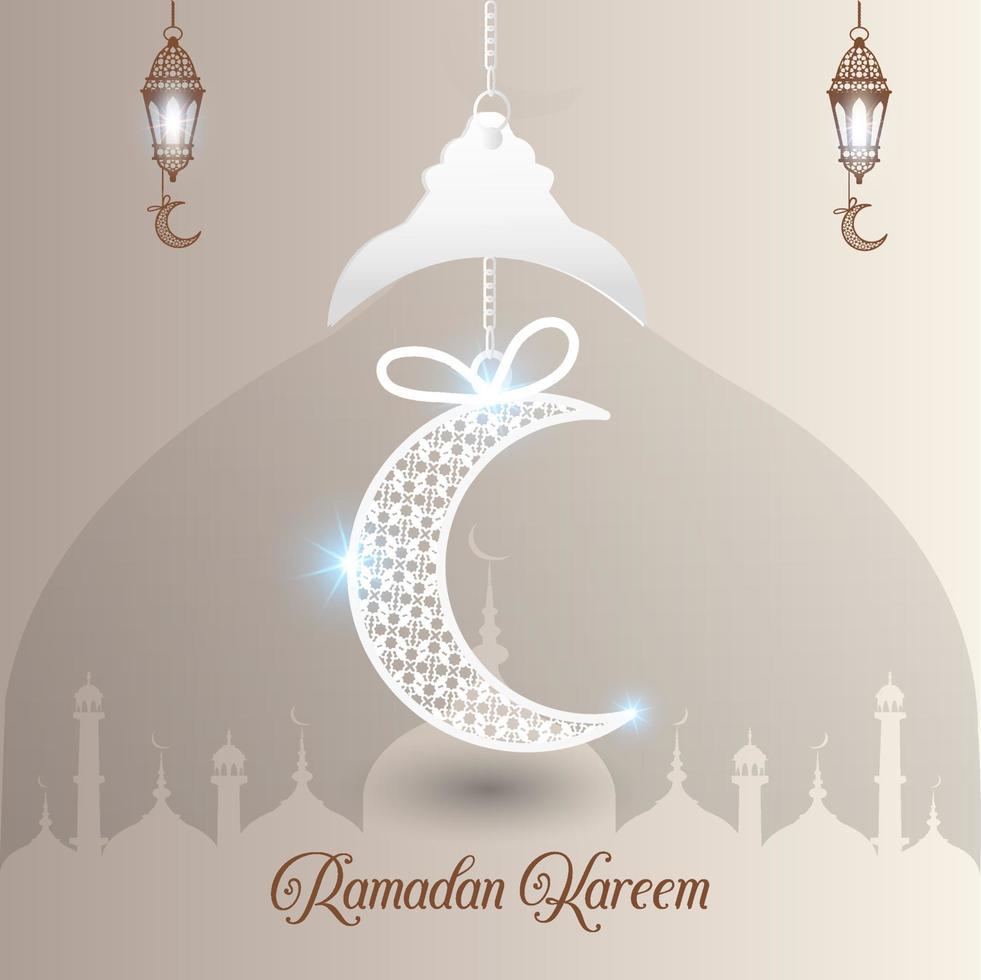 Ramadán kareem Inglés tipografía. un islámico saludo texto en Inglés para santo mes Ramadán kareem islámico antecedentes con medio Luna vector