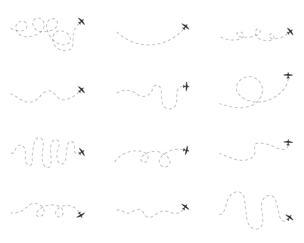 Airplane dotted route line set. Air plane flight route. Vector illustration.