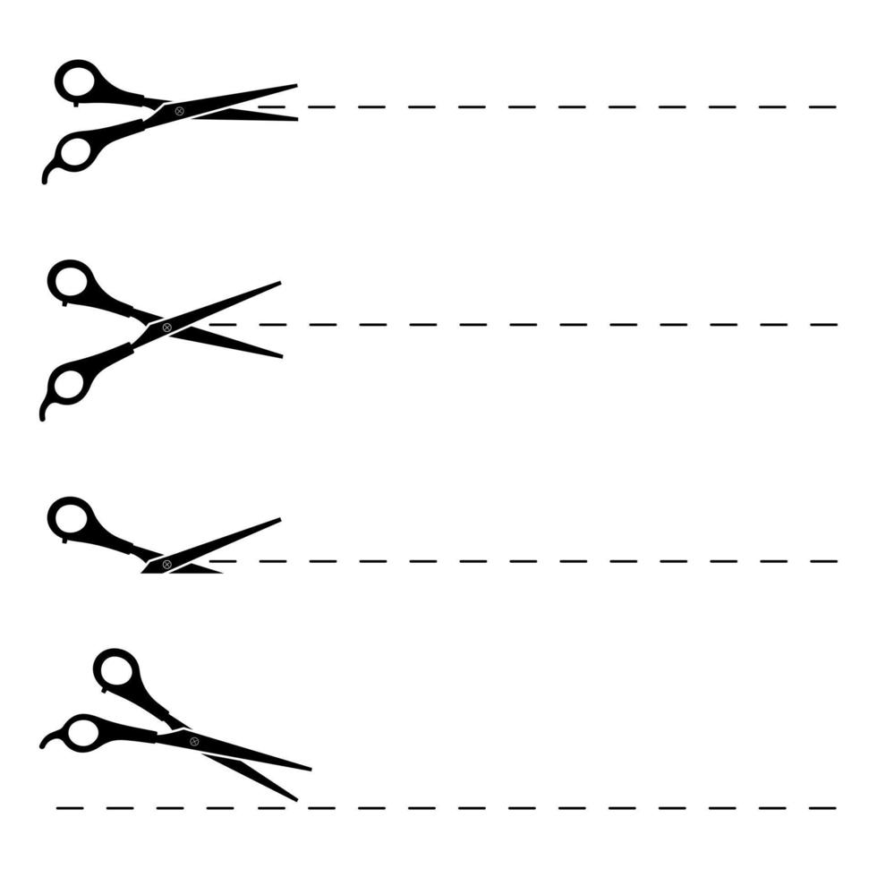 Set of scissors with cutting lines. Vector illustration.