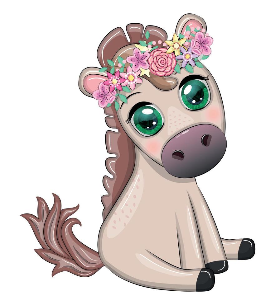 lindo caballo de dibujos animados, pony para tarjeta con flores, globos, corazón vector