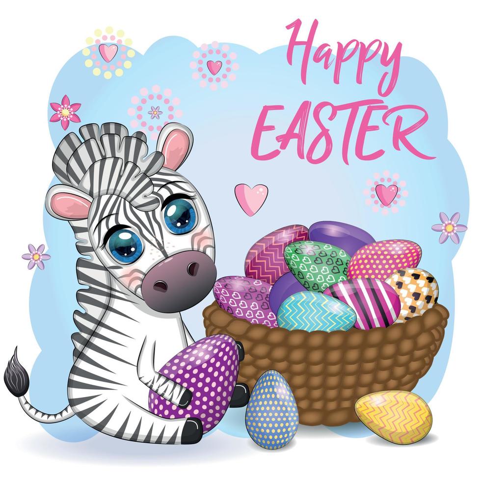 Zebra with Easter egg, flowers. Easter greeting card vector