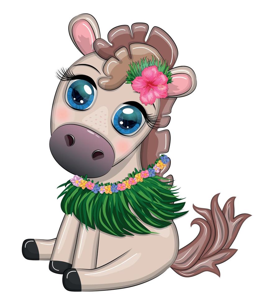 Nice horse, pony in flower wreath, hat, guitar, hula dancer from Hawaii. Summer card for the festival, travel banner vector