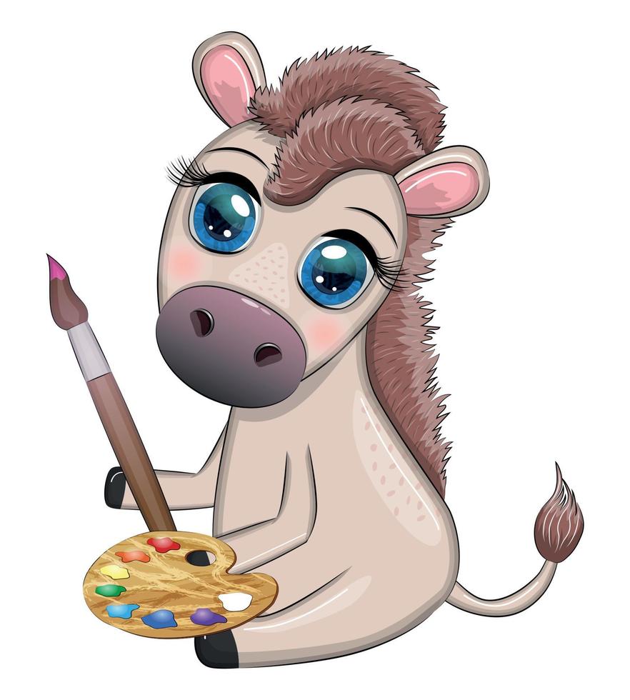 Cute donkey with paint palette and brush, artist character, child illustration vector