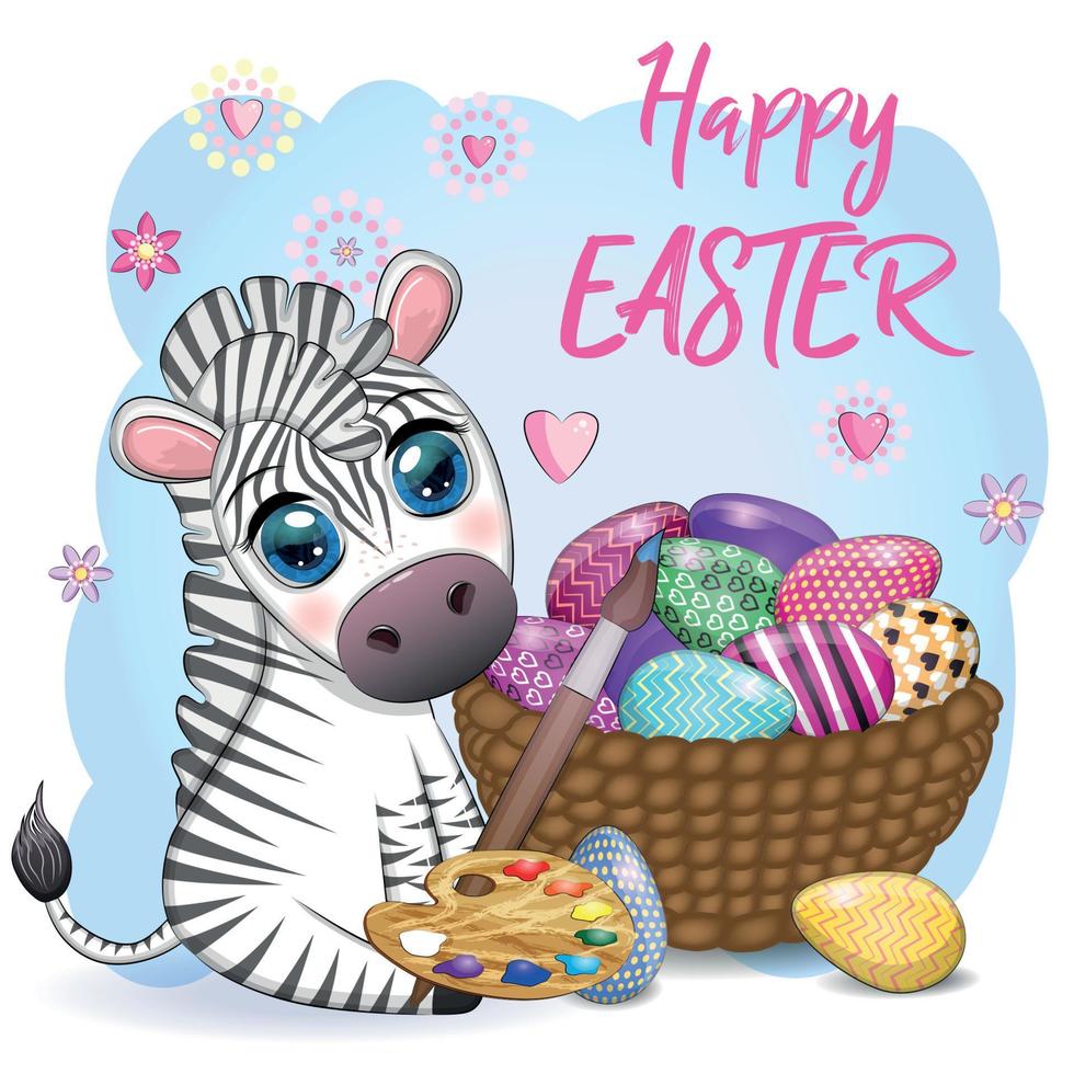 Zebra with Easter egg, flowers. Easter greeting card vector