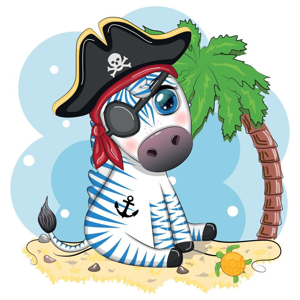 lindo pirata cebra con un sombrero de tres picos y un parche en el ojo. piratas y tesoros, islas y palmeras vector