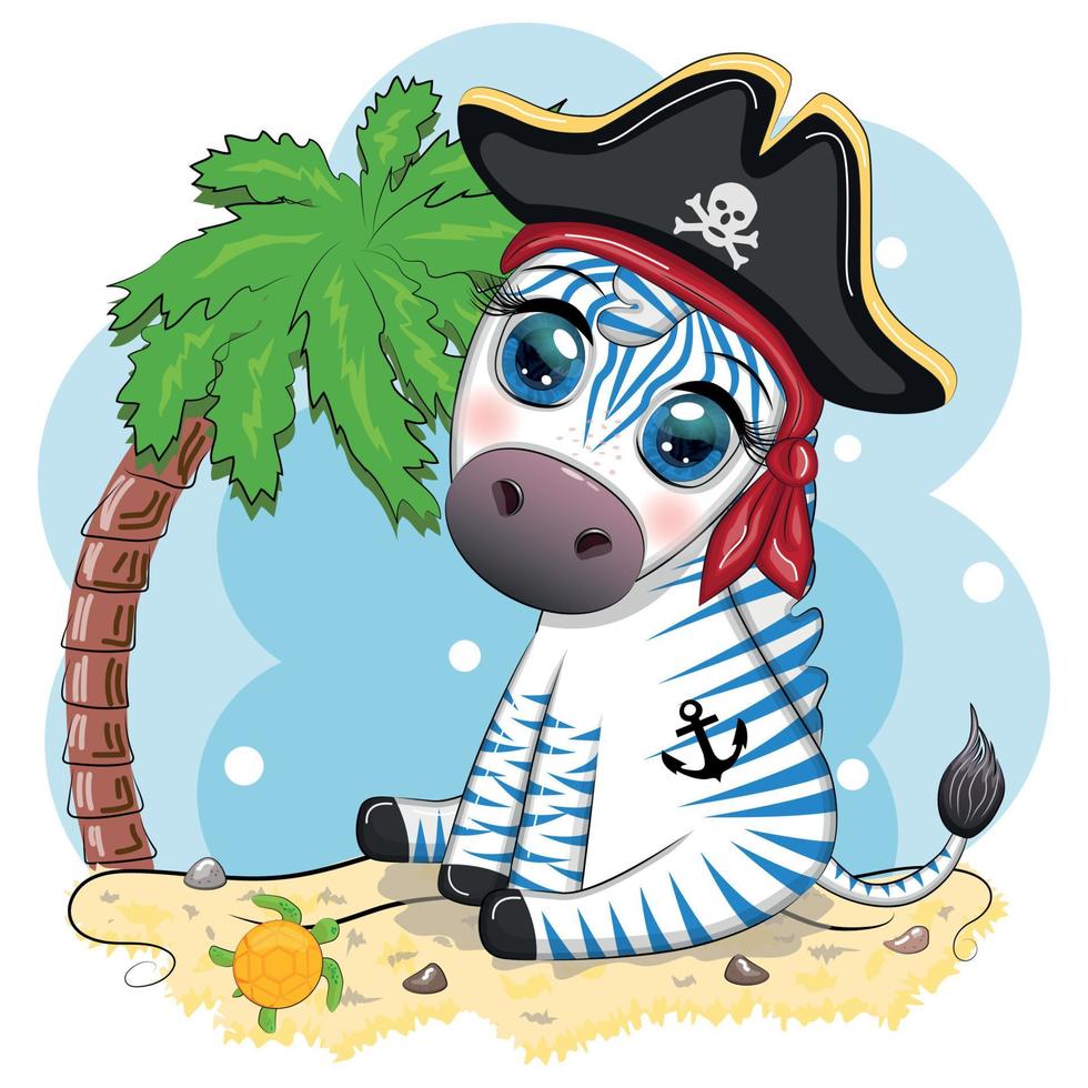 lindo pirata cebra con un sombrero de tres picos y un parche en el ojo. piratas y tesoros, islas y palmeras vector