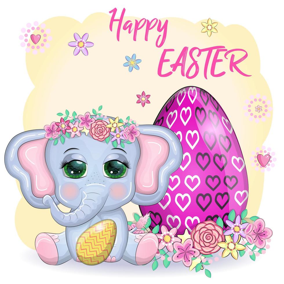 Cute cartoon elephant, childish character with beautiful eyes holding easter egg vector