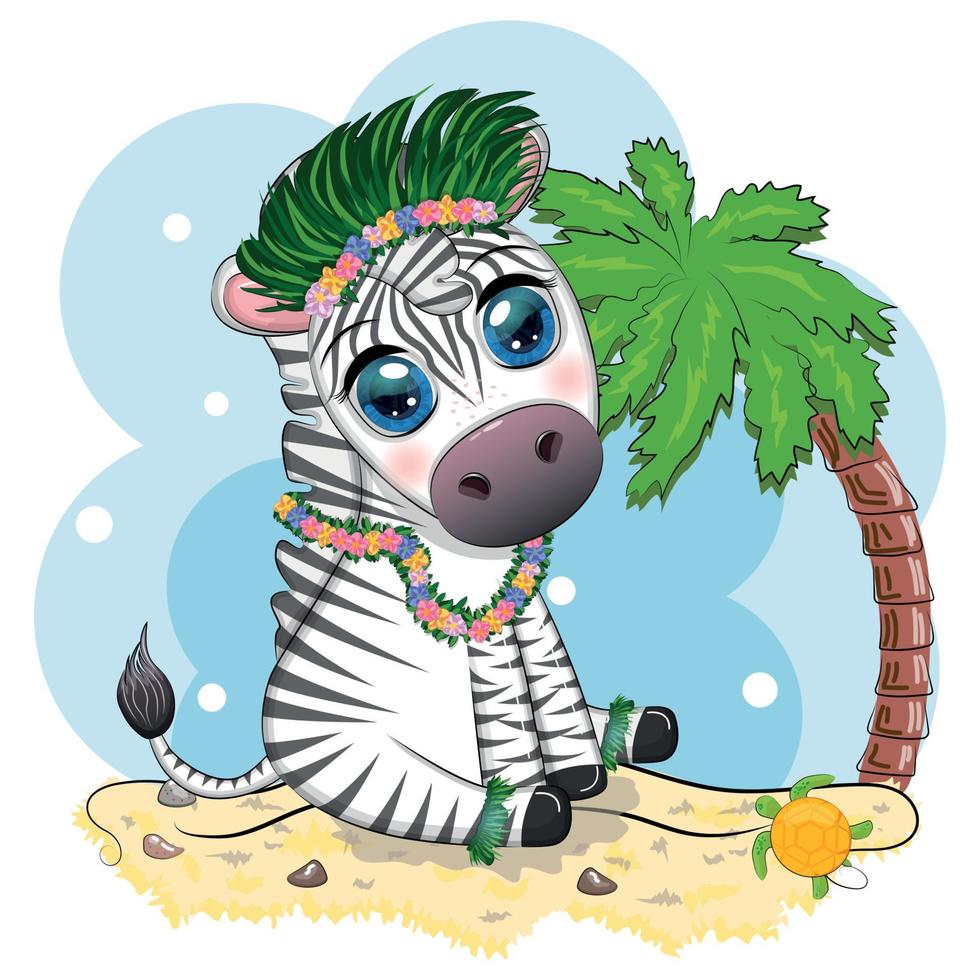 Cute zebra in hula dancer costume, Hawaii, child character. Animal in summer. Summer holidays, vacation vector