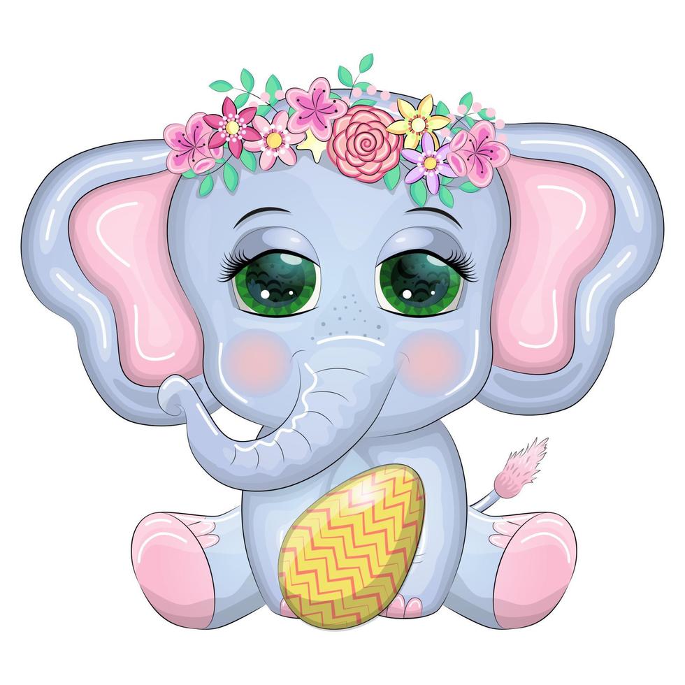 Cute cartoon elephant, childish character with beautiful eyes holding easter egg vector
