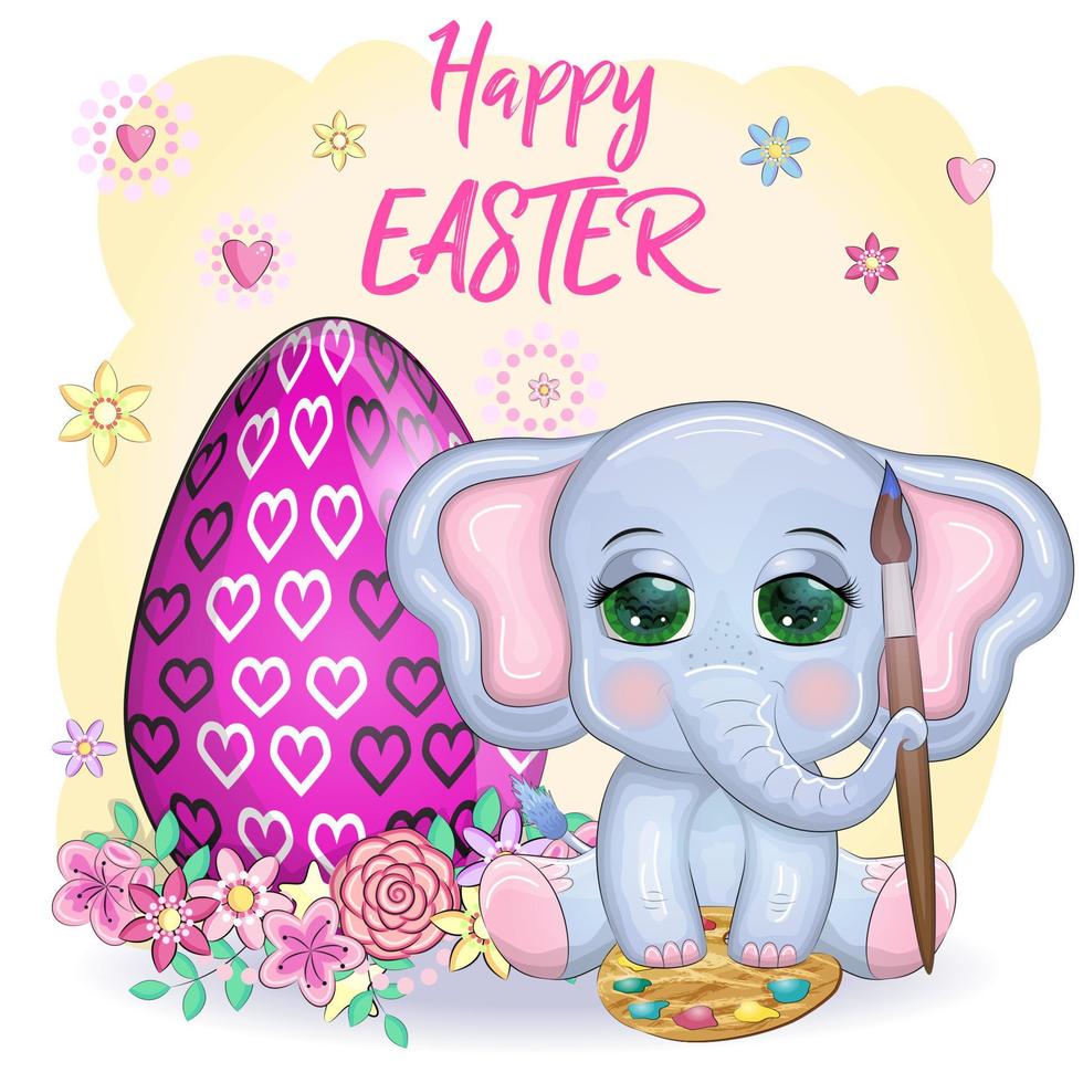 Cute cartoon elephant, childish character with beautiful eyes holding easter egg vector