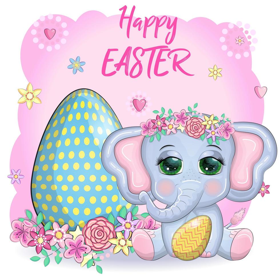 Cute cartoon elephant, childish character with beautiful eyes holding easter egg vector