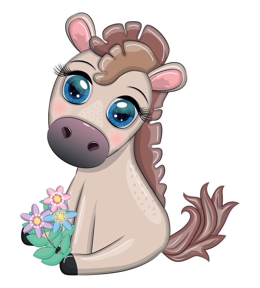 lindo caballo de dibujos animados, pony para tarjeta con flores, globos, corazón vector