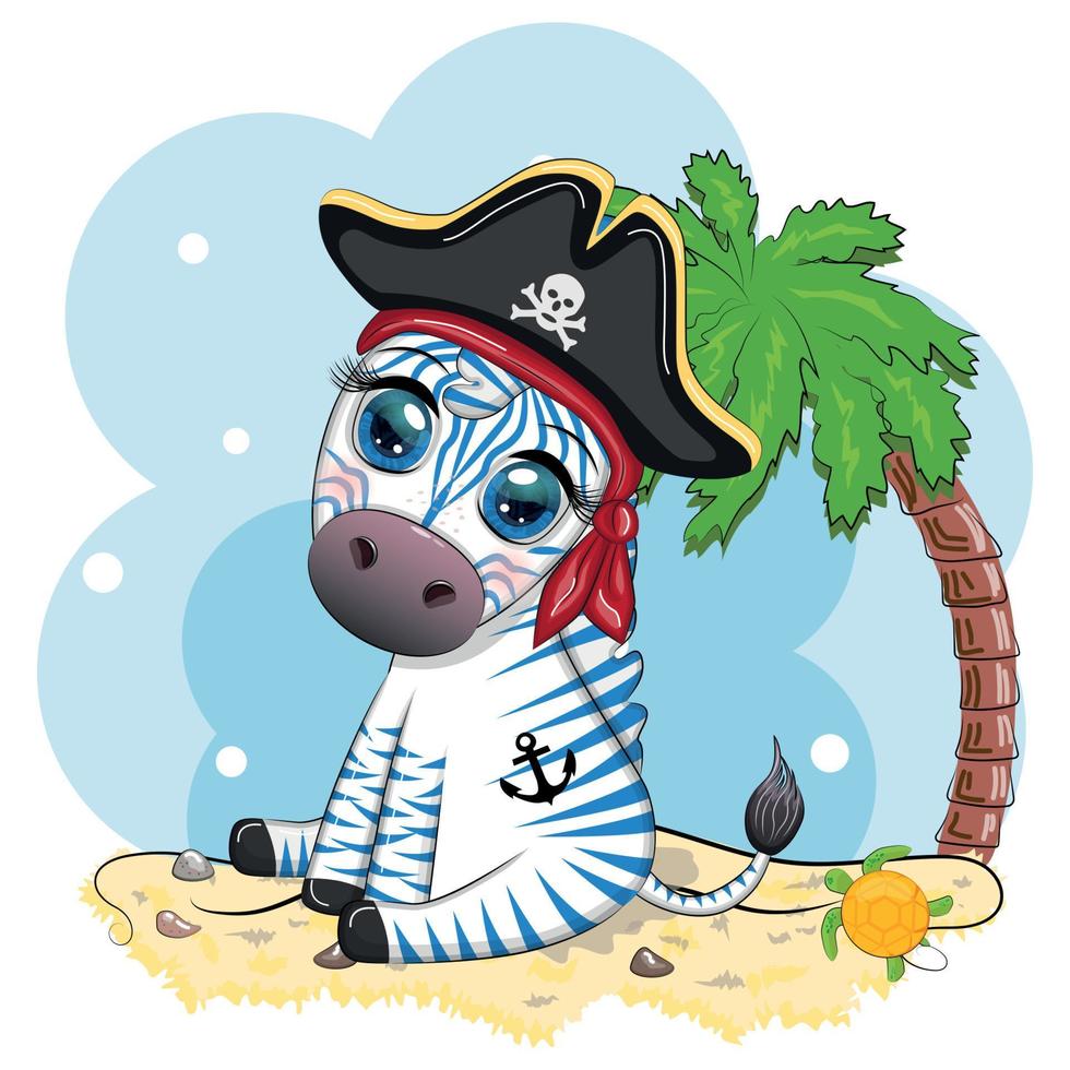 Cute zebra pirate in a cocked hat with an eye patch. Pirates and treasures, islands and palm trees vector