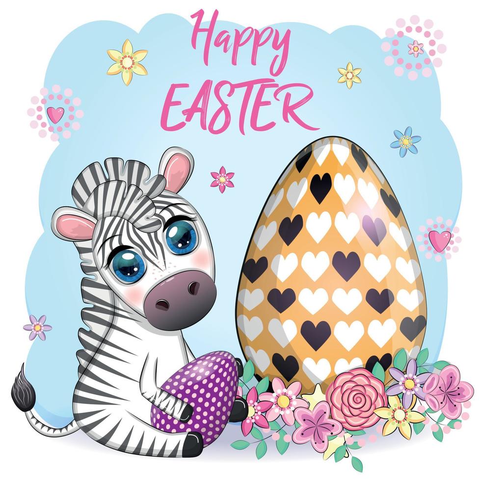 Zebra with Easter egg, flowers. Easter greeting card vector