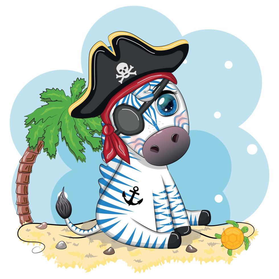 lindo pirata cebra con un sombrero de tres picos y un parche en el ojo. piratas y tesoros, islas y palmeras vector