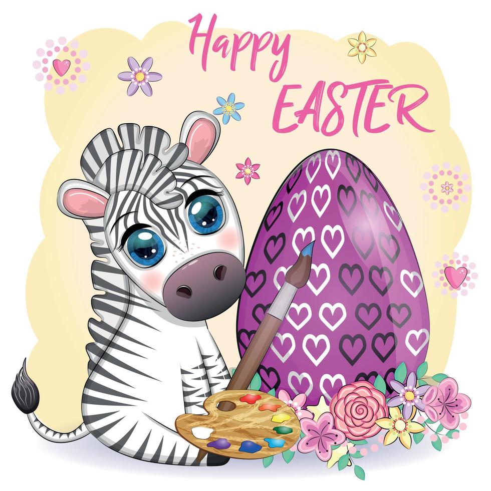 Zebra with Easter egg, flowers. Easter greeting card vector