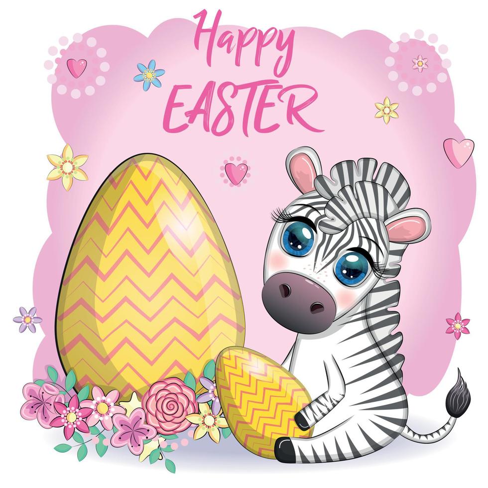 Zebra with Easter egg, flowers. Easter greeting card vector