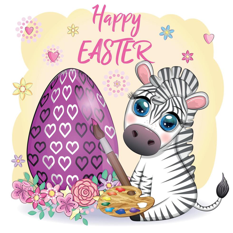 Zebra with Easter egg, flowers. Easter greeting card vector