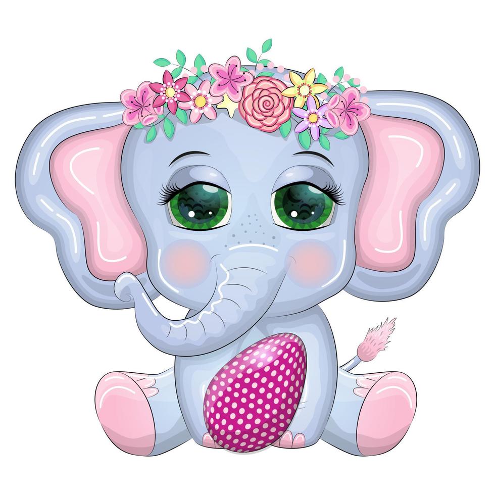 linda dibujos animados elefante, infantil personaje con hermosa ojos participación Pascua de Resurrección huevo vector