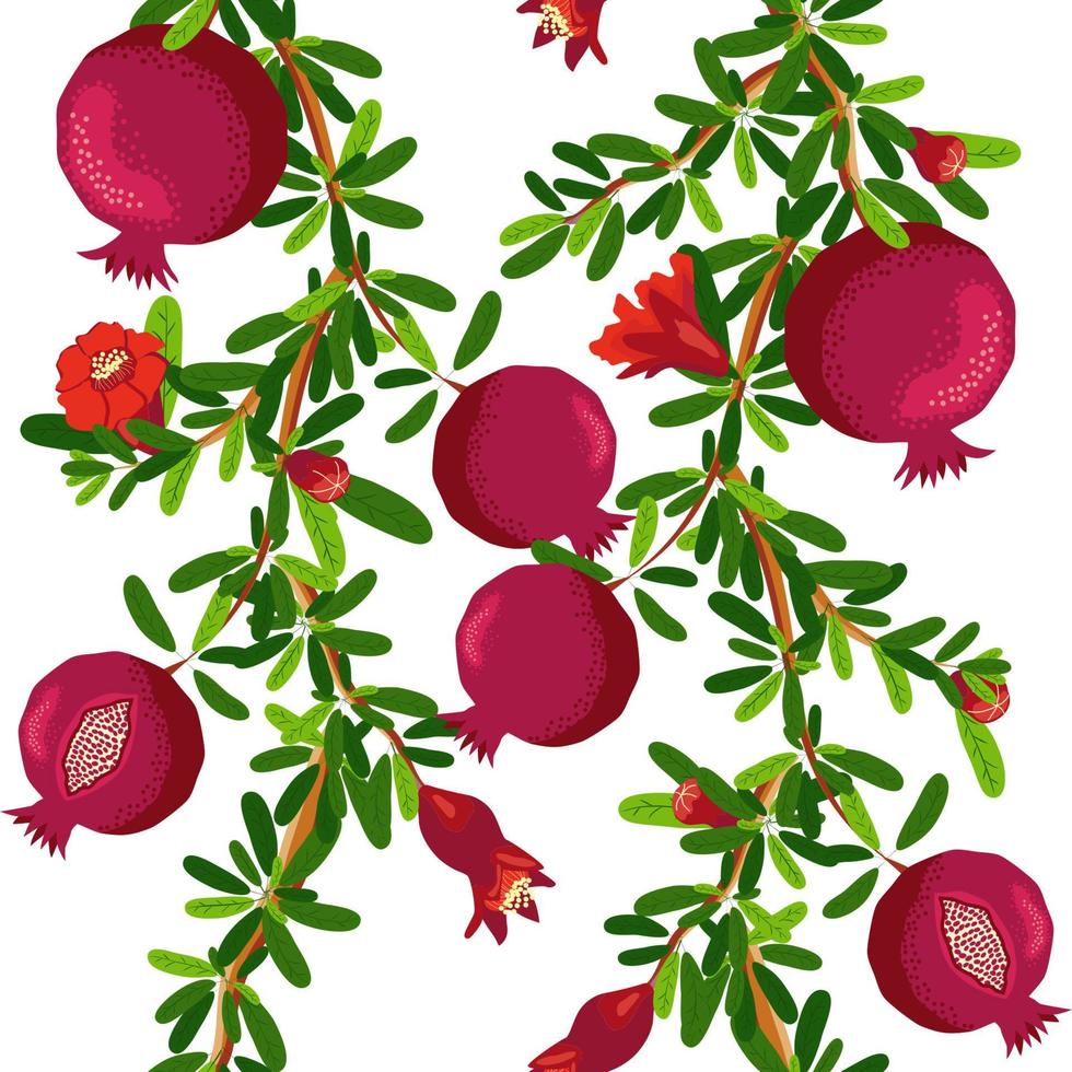 Pomegranate branches with fruits and flowers Seamless pattern. Bright leaves and fruits. Jewish New Year vector